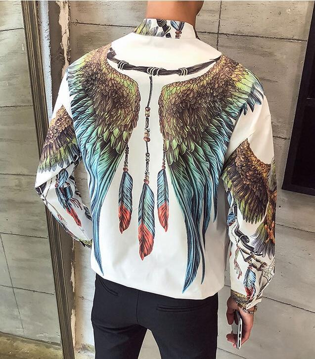 Men's slim-fit shirt with stunning eagle wings and dreamcatcher design on a white background.