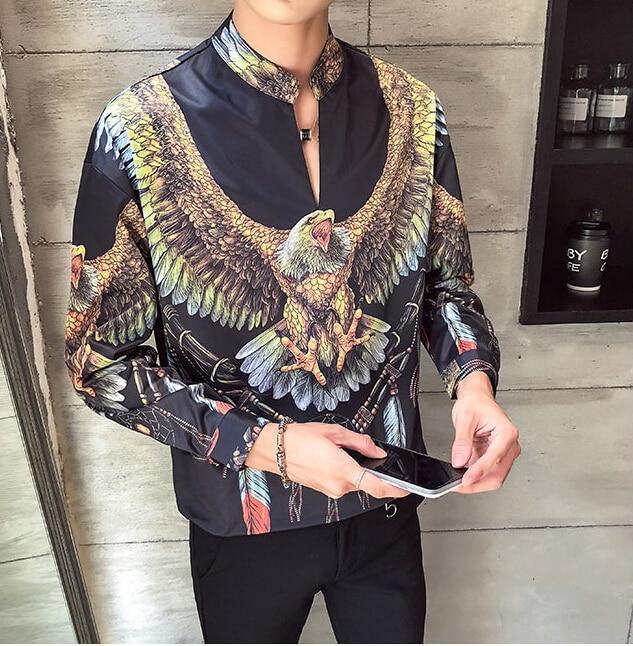 Men's slim casual shirt featuring a vibrant eagle print, perfect for alternative fashion lovers.