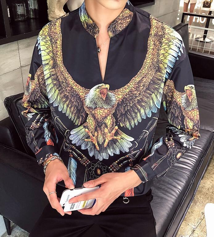 Men's slim-fit cotton shirt with colorful eagle print, ideal for alternative fashion enthusiasts.