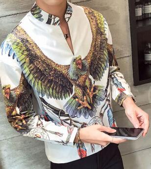 Men's slim-fit shirt with colorful eagle print on white background, stylish alternative fashion apparel.