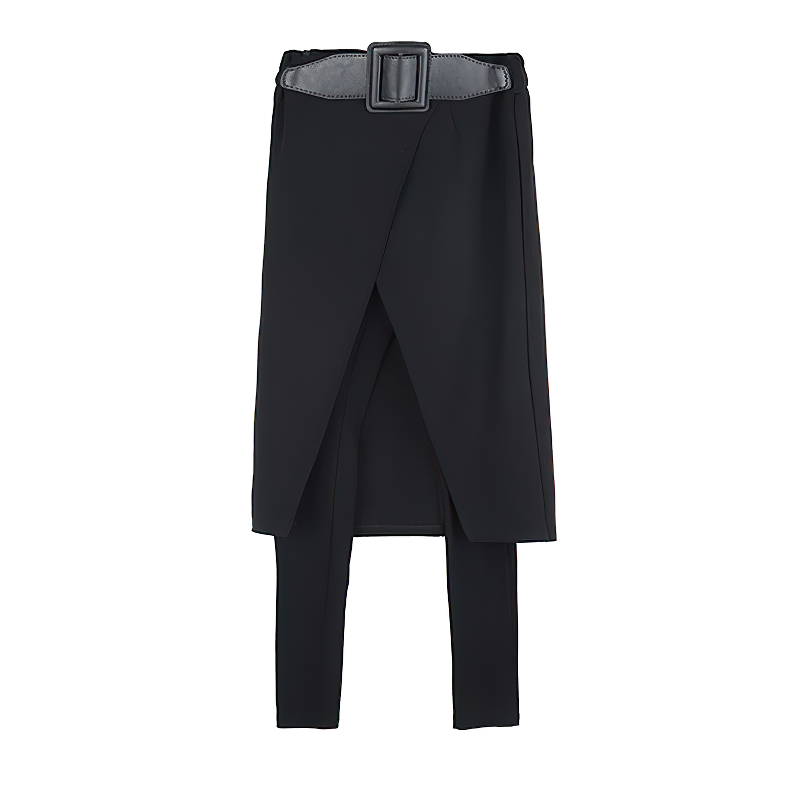 Elastic high waist women's black trousers with decorative belt and ankle length design.