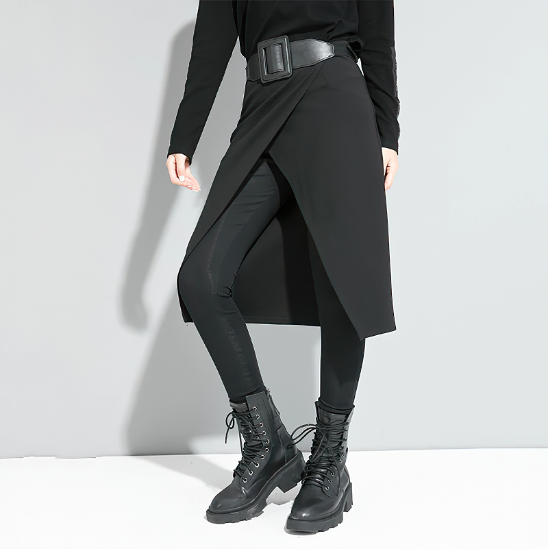 Trendy black high waist trousers and ankle-length leggings with a stylish belt and combat boots.