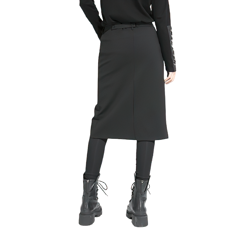 Stylish black ankle-length women's trousers with a decorative belt and pockets, perfect for trendy outfits.