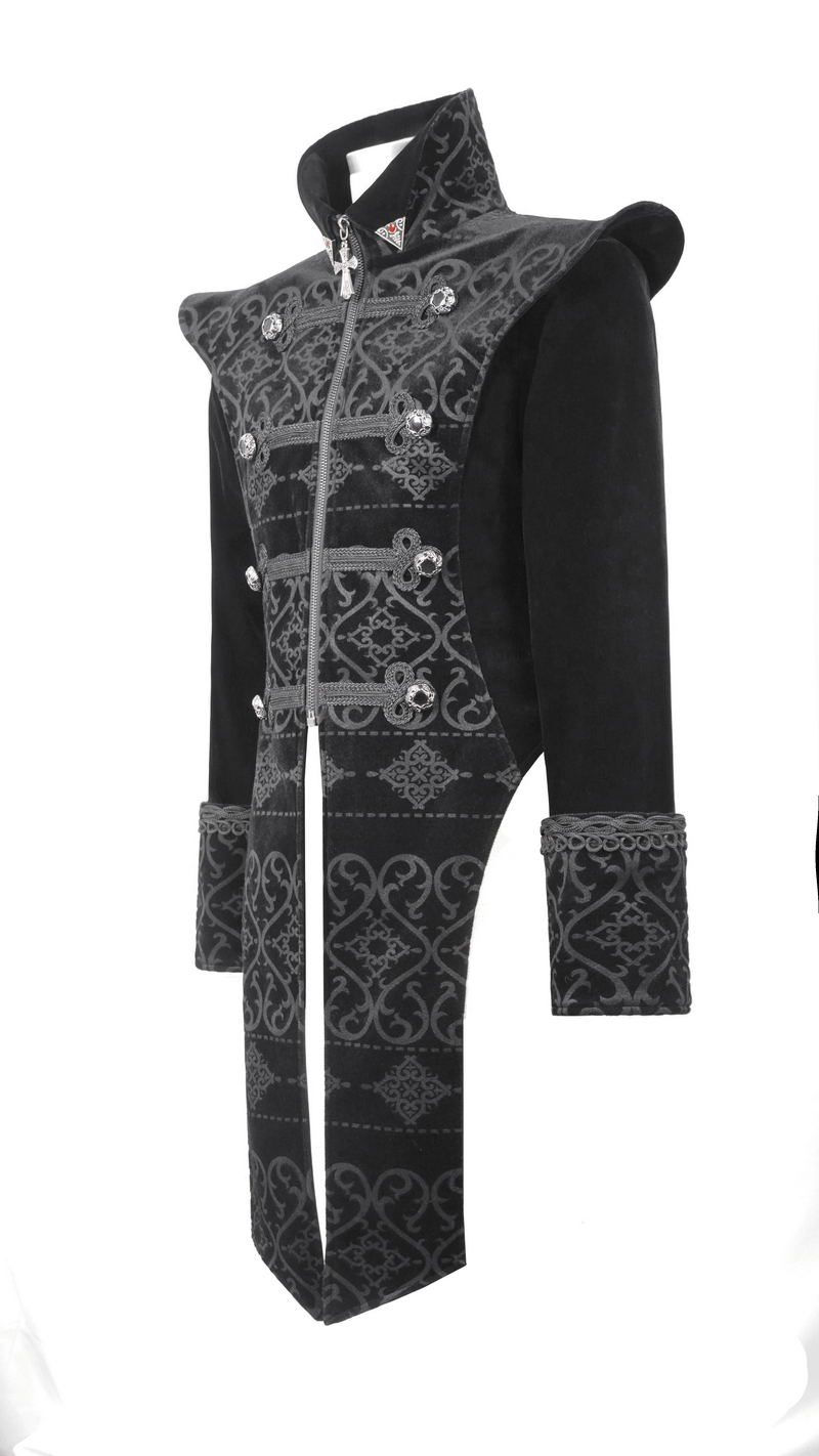 Elegant Black Coat with Pointed Shoulders / Gothic Style Applique Coat with Engraved Buttons - HARD'N'HEAVY