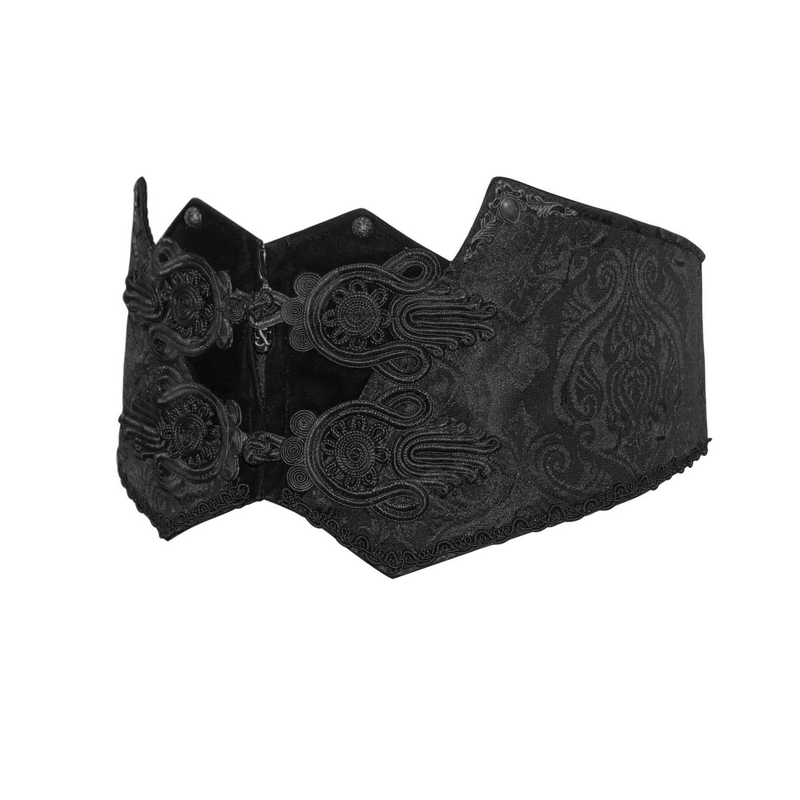 Elegant black men's corset belt with intricate brocade design, perfect gothic accessory for stylish looks.