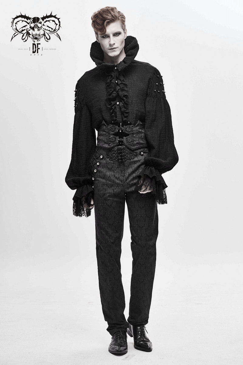 Stylish male model in a gothic black corset outfit, featuring ruffled sleeves and intricate detailing.