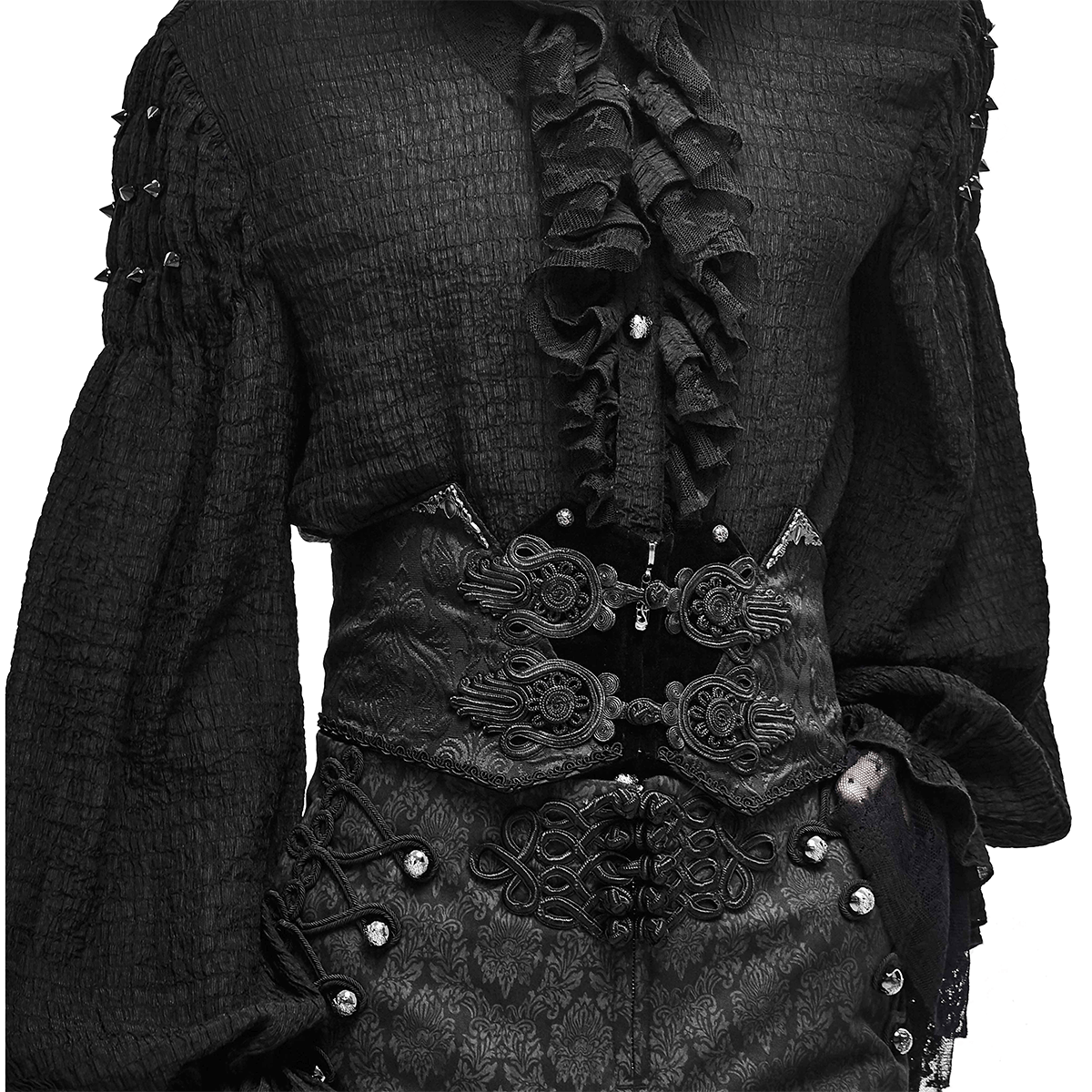 Elegant black corset belt with intricate lace-up detailing, perfect for gothic fashion enthusiasts.