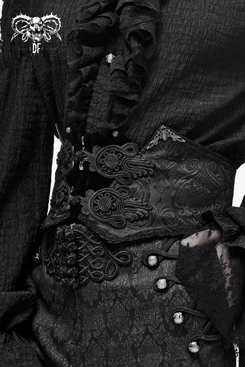 Elegant black corset belt featuring intricate brocade and lace-up design, perfect gothic accessory for men's fashion.