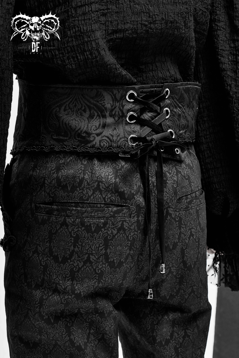 Elegant black corset belt with brocade detailing, perfect for men's gothic outfits, featuring a lace-up back.