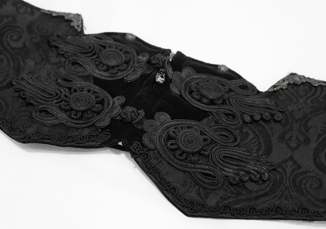 Elegant black corset belt with brocade details, perfect for a gothic men's style. Emphasizes figure with vintage charm.
