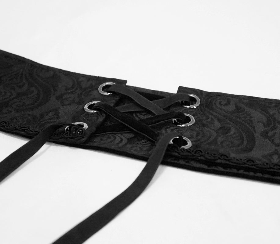 Elegant black corset belt with brocade and lace-up detail, perfect for adding gothic flair to any outfit.