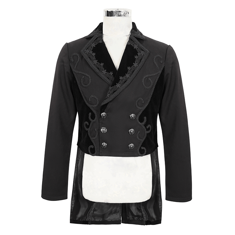 Elegant black double-breasted tail coat with stylish buttons and intricate embroidery in gothic vintage style.