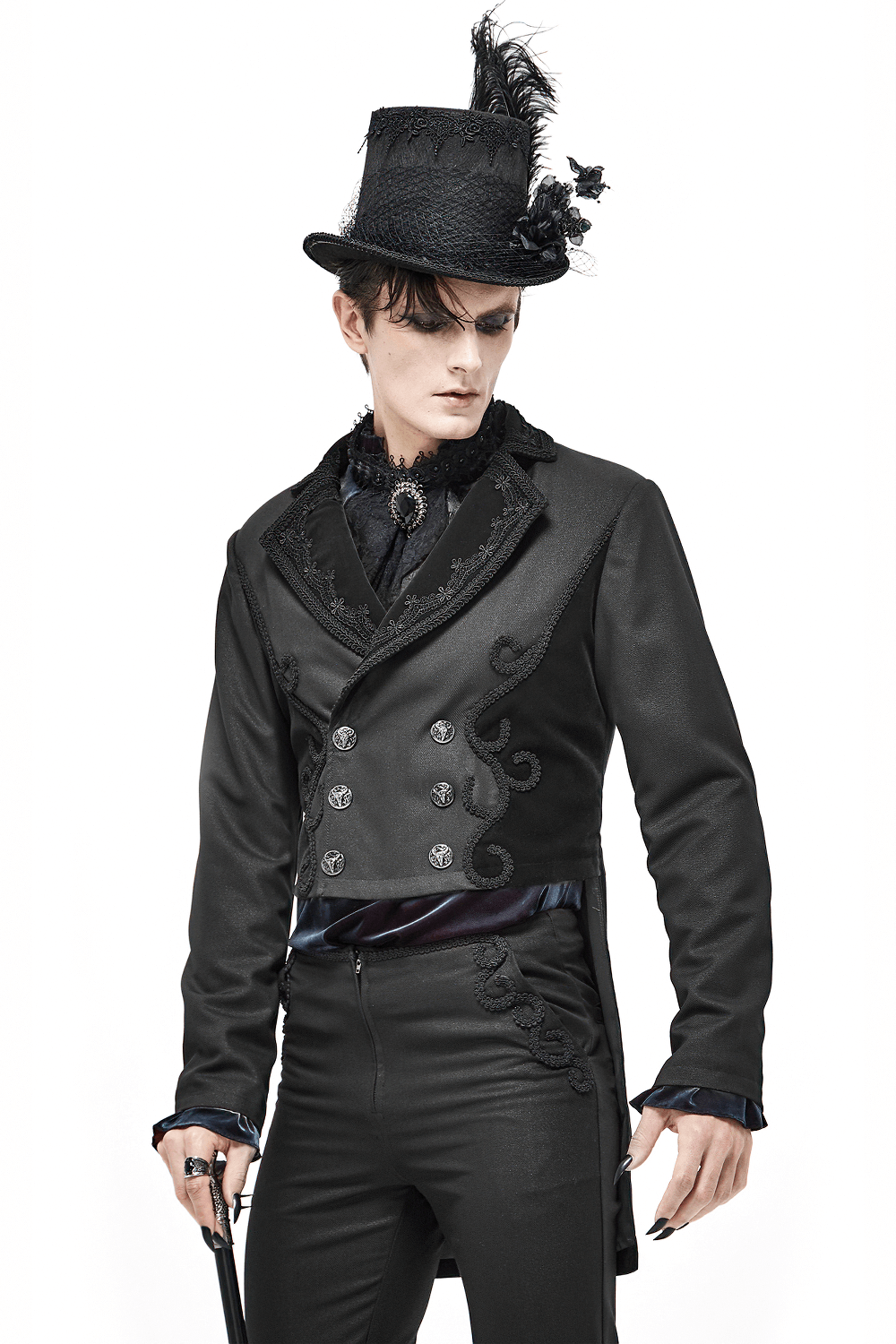 Elegant black double-breasted tail coat with stylish buttons and a top hat in gothic vintage style for men.