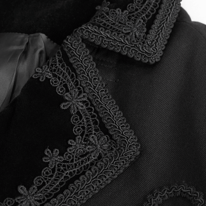 Close-up of the elegant black double-breasted tail coat with intricate lace detailing and stylish snap buttons.