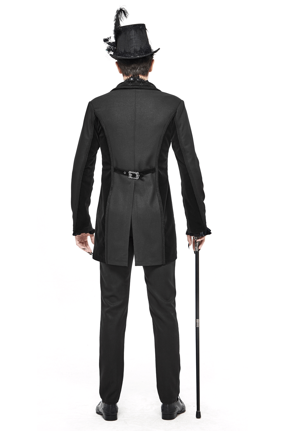 Elegant black double-breasted tail coat in gothic style worn with a top hat and cane, showcasing vintage men's fashion.