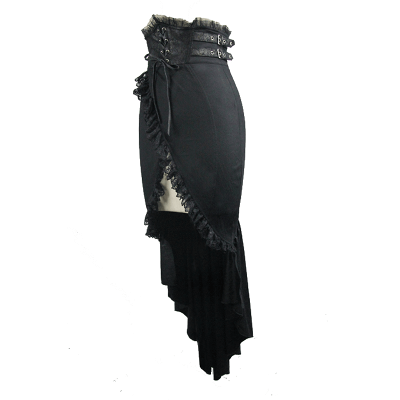Elegant Black Fishtail Skirt for Women / Woven Weaving Goth Skirts with Laces and Straps - HARD'N'HEAVY