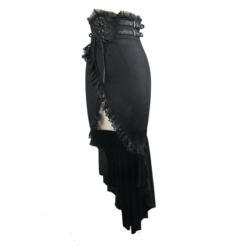 Elegant black fishtail skirt for women with lace inserts and stylish cut, perfect for gothic outfits.