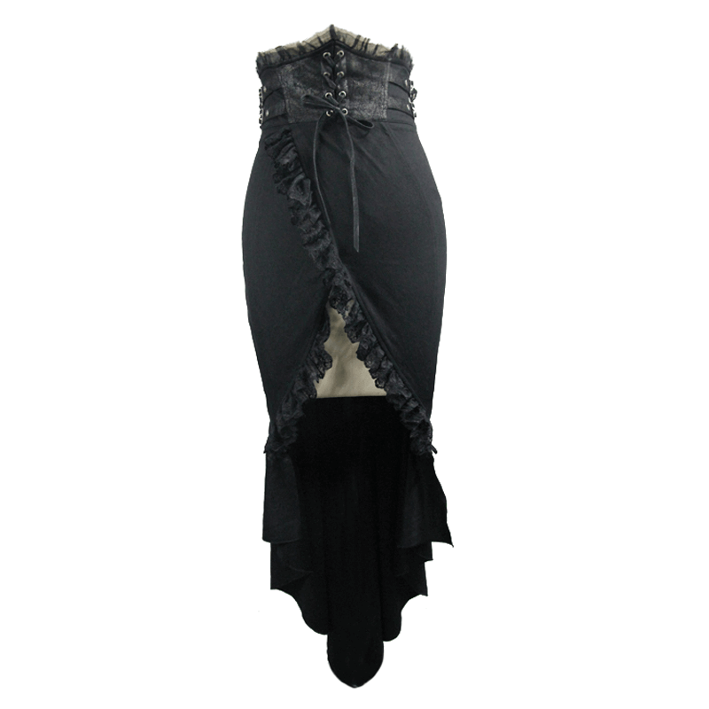 Elegant black fishtail skirt for women with lace and strap details, perfect for gothic fashion statements.