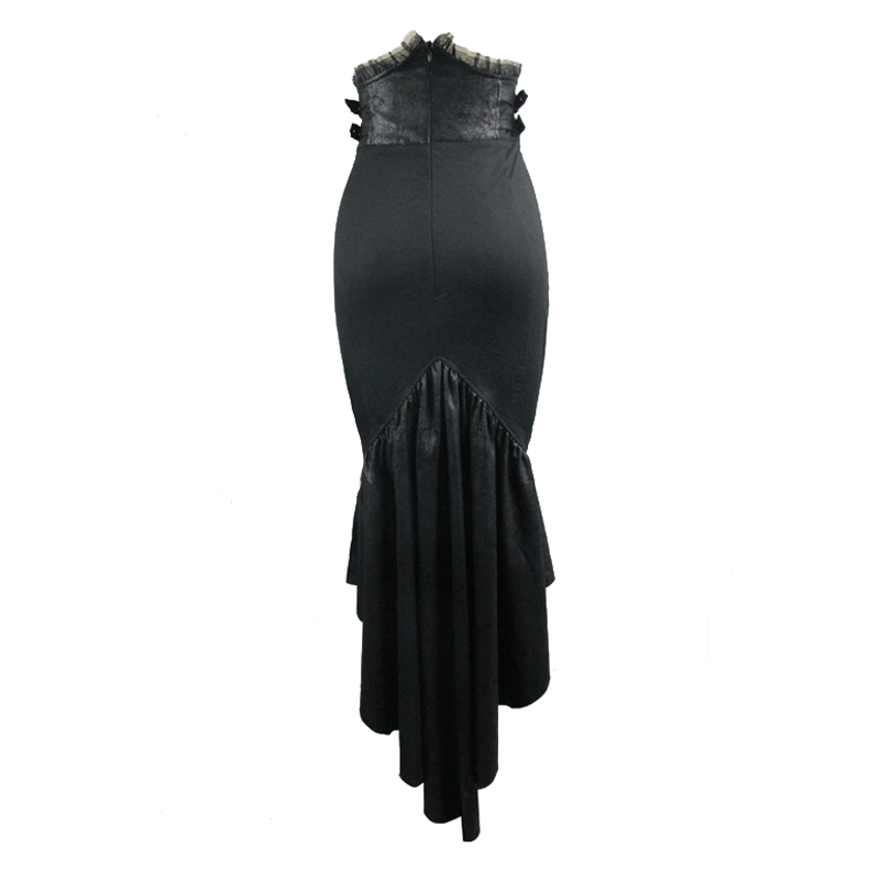 Elegant black fishtail skirt for women, featuring lace inserts and a luxurious gothic style cut.