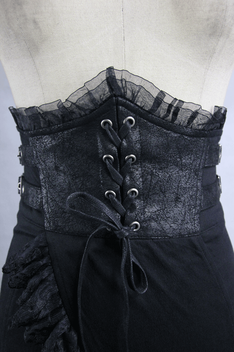 Elegant black fishtail skirt back with lace trim and corset lacing detail, perfect for gothic fashion.