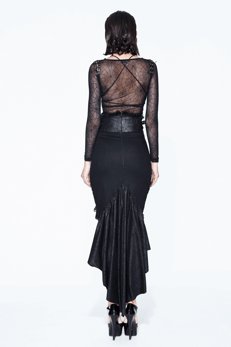 Elegant black fishtail skirt for women with lace details, styled with a sheer top for a gothic look.
