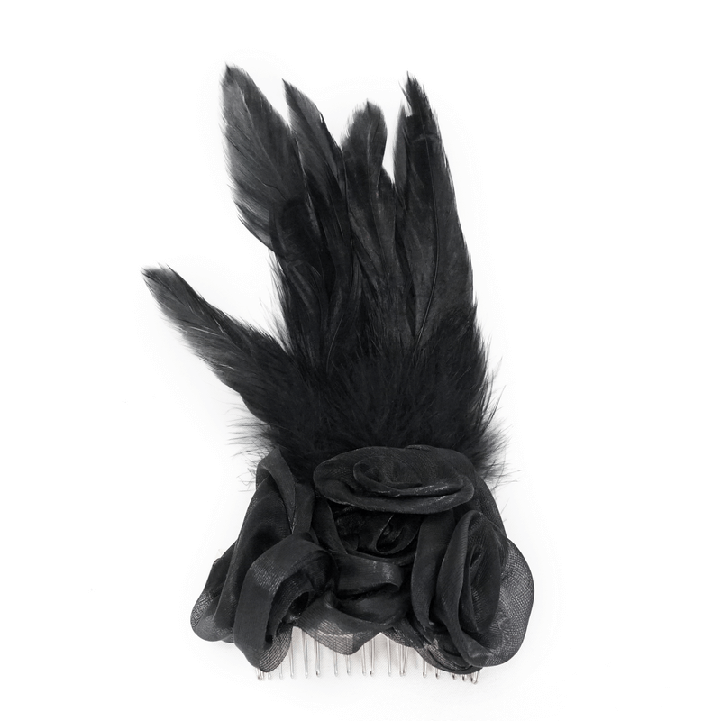 Elegant Black Flower Hair Clip with Feathers / Gothic Women's Floral Hair Accessories - HARD'N'HEAVY