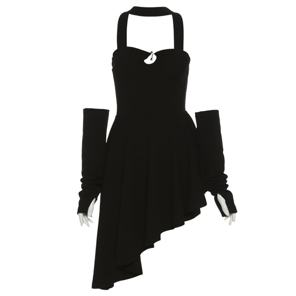 Stylish black halter dress with irregular hem and long sleeves, showcasing a punk-inspired design for women.