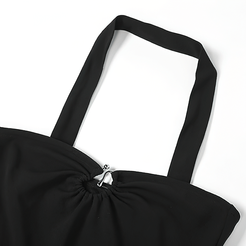 Close-up of the elegant black halter dress straps showcasing a chic design detail and stylish fabric.