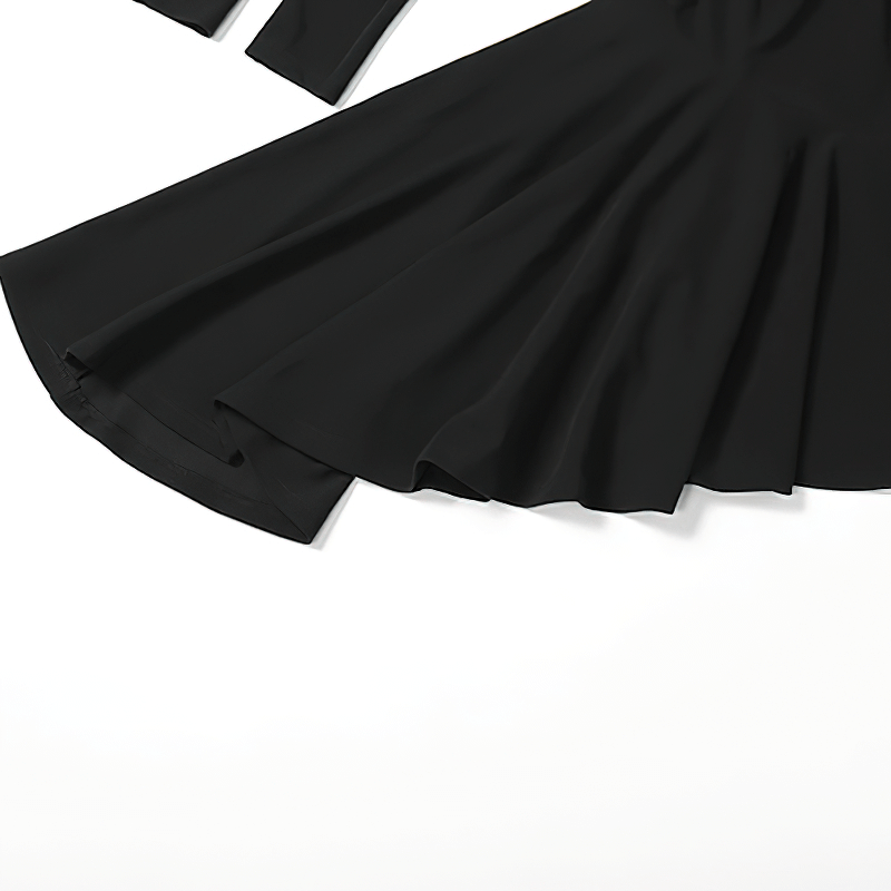 Elegant black halter dress with irregular hem and sleeves, showcasing a stylish punk design for women's fashion.