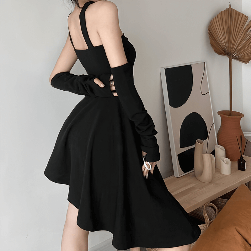 Elegant black halter dress with irregular hem and long sleeves, perfect for a chic punk style look.