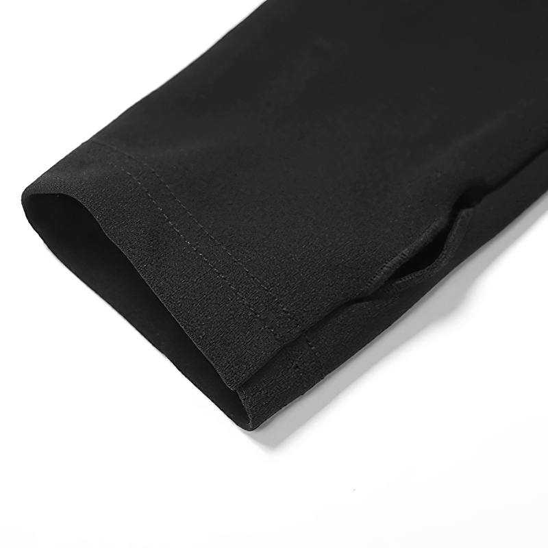 Close-up of the sleeve detail of an elegant black halter dress, showcasing the stylish punk-inspired design.