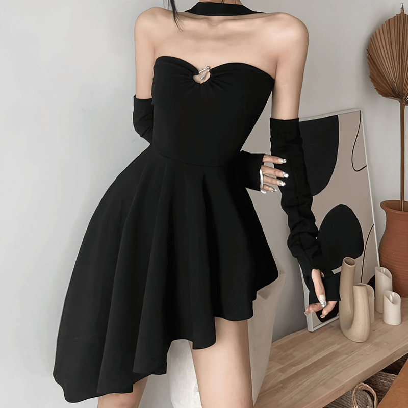 Elegant black halter dress with irregular hem and long sleeves, perfect for adding a seductive punk vibe to any wardrobe.