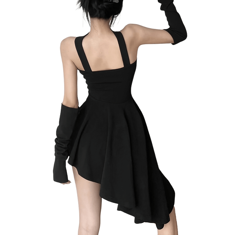 Elegant black halter dress with irregular hem and sleeves, showcasing a stylish punk design for a trendy look.