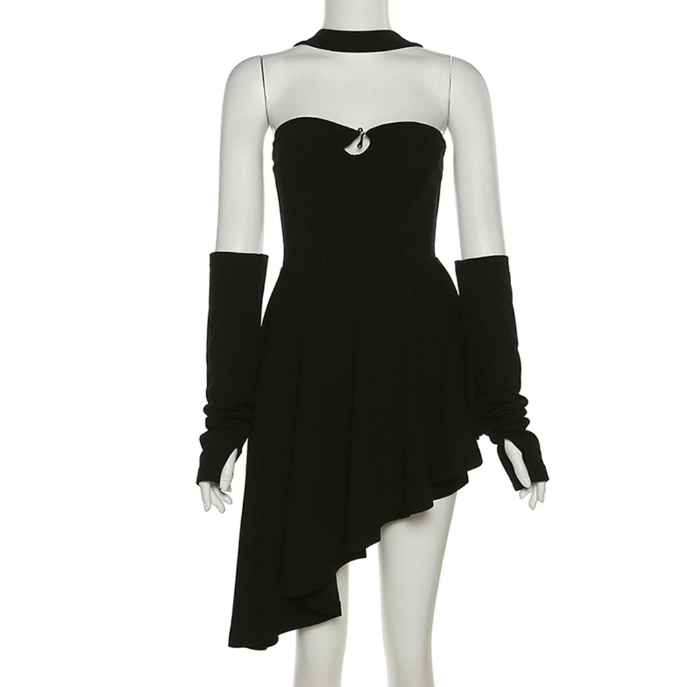 Elegant black halter dress with irregular hem and long sleeves, perfect for a punk style wardrobe upgrade.