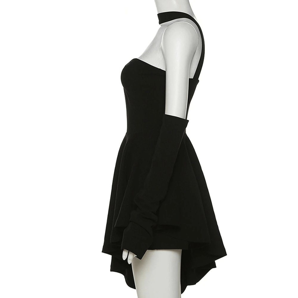 Elegant black halter dress with irregular hem and long sleeves, perfect for a punk style wardrobe.