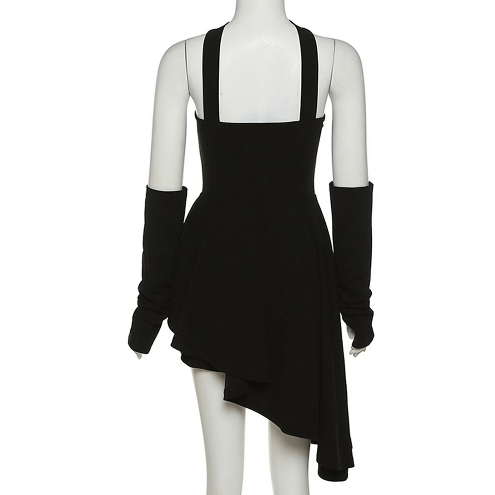 Back view of an elegant black halter dress with irregular hem and long sleeves, perfect for a punk fashion statement.