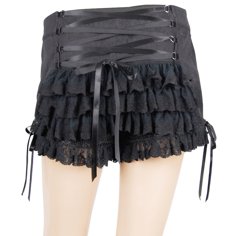 Elegant Black Lace Shorts with Lace-Up and Flounces / Women's Gothic Shorts with Buttons Slosure