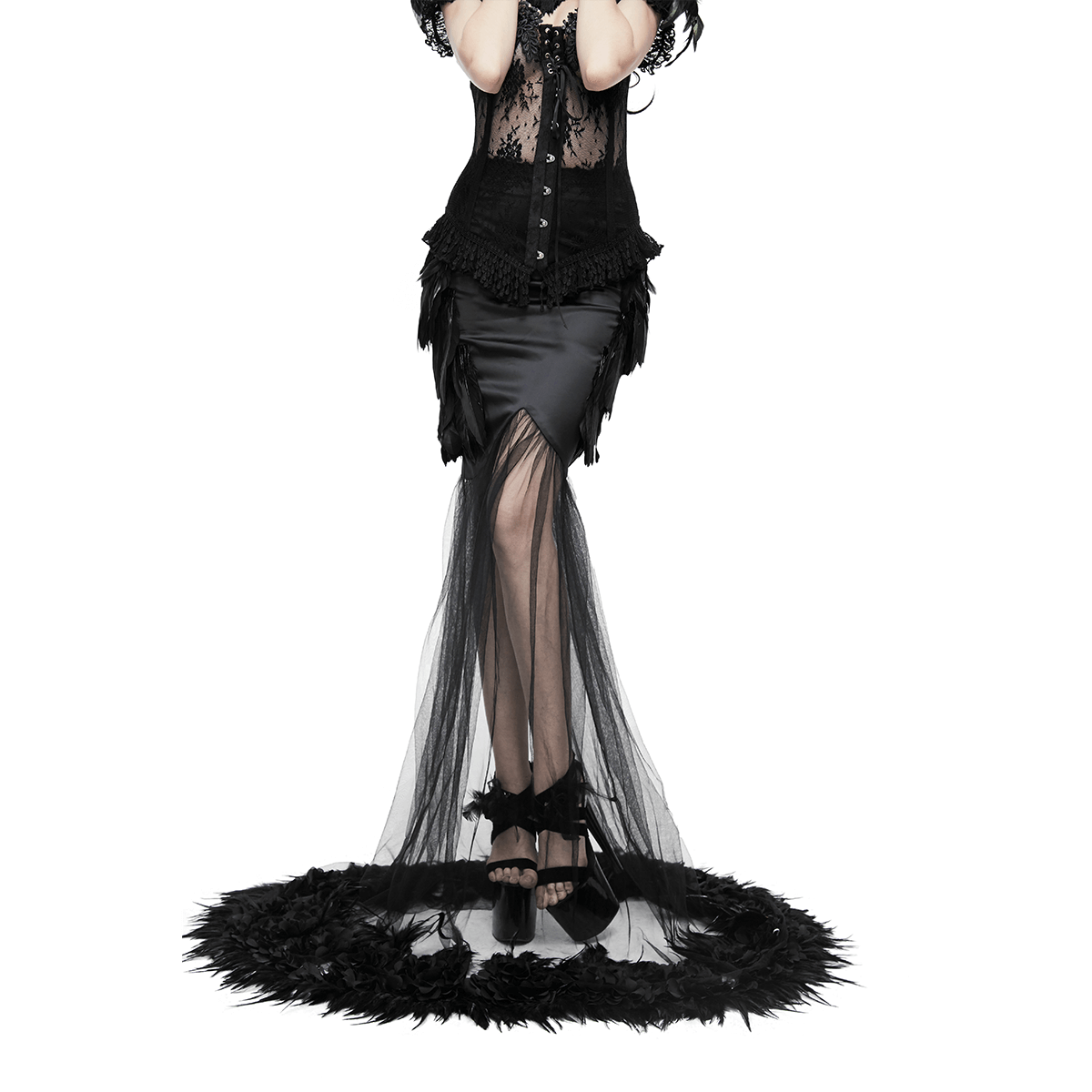 Elegant Black Long Skirt with Zipper at the Back / Women's Skirt with Flared Mesh Above Knee to Hem - HARD'N'HEAVY