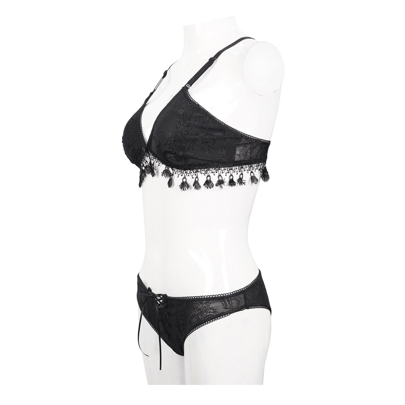 Elegant Black Swimsuit with Brocade / Women's Lacing Bikini with Fringed Lace - HARD'N'HEAVY