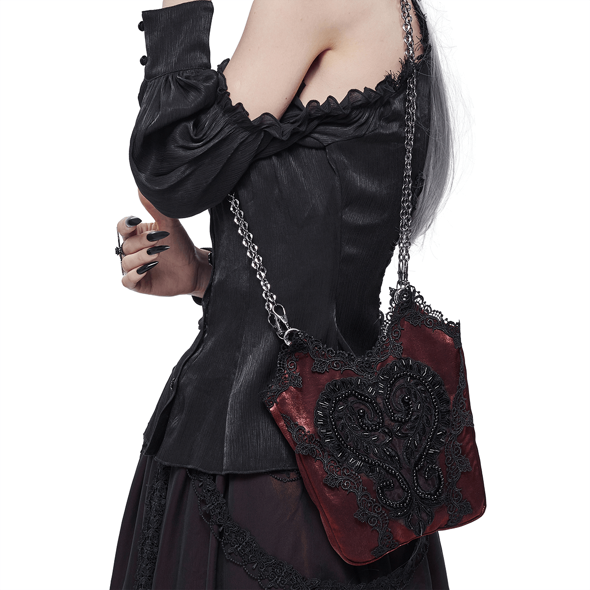 Elegant Comfy Floral Bucket Bag / Gothic Bag With Black Guipure and Chain - HARD'N'HEAVY