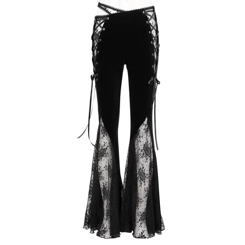 Elegant black velvet flared pants with gothic lace-up details and sheer lace trim for women.