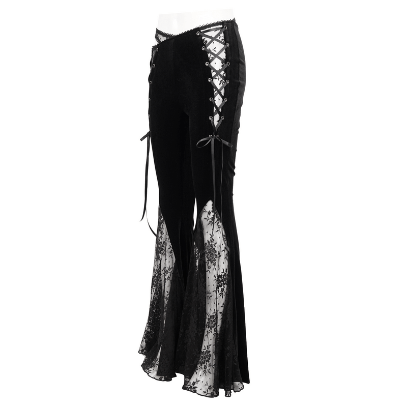 Elegant Gothic black flared velvet pants with lace-up details and cutout design for women.