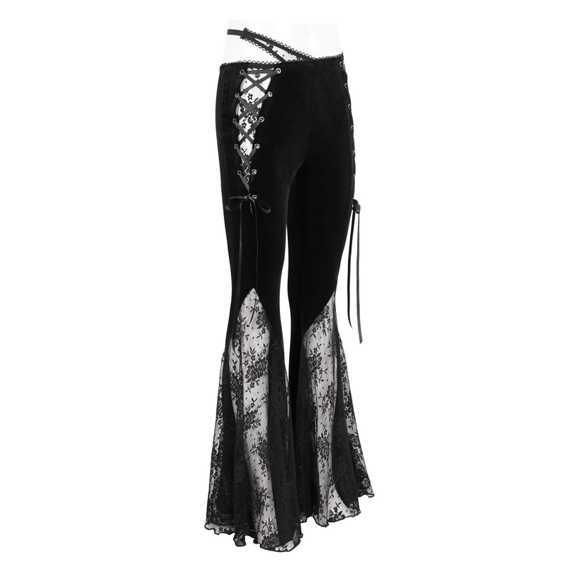 Elegant black velvet flared pants with gothic lace-up details, perfect for a stylish gothic wardrobe.
