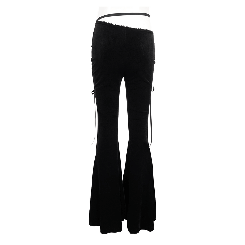 Back view of women's elegant black velvet flared pants with gothic lace-up details, perfect for stylish gothic outfits.