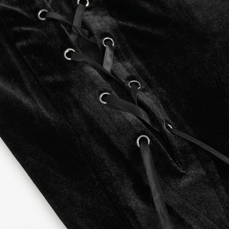 Elegant Cutout Velvet Flared Pants / Gothic Lace-Up Lace Black Trousers for Women