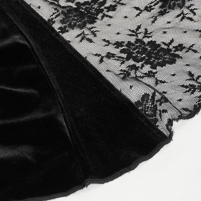 Elegant black velvet flared pants with gothic lace detailing, showcasing luxury and style for women's gothic fashion.