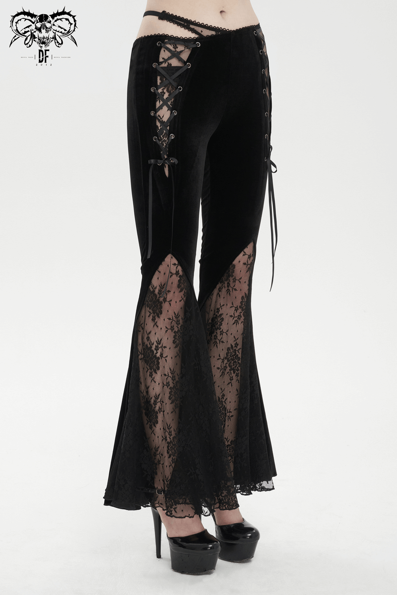 Women's Gothic velvet flared pants with lace cutouts and lace-up detail, perfect for a stylish and luxurious look.