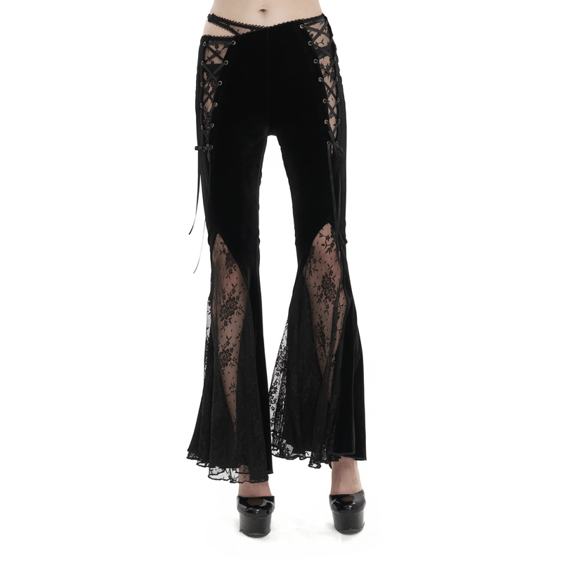 Elegant black velvet flared pants with gothic lace-up detail, perfect for a stylish and luxurious look.