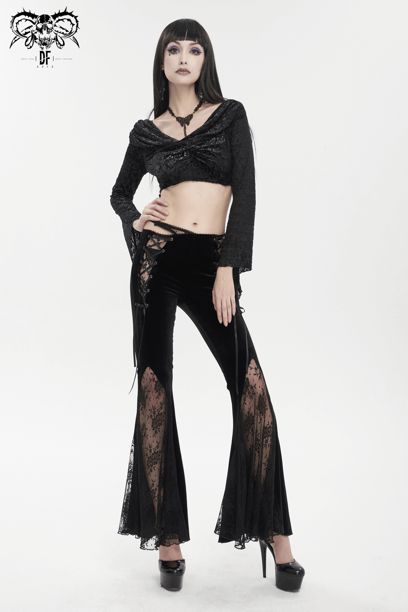Elegant Cutout Velvet Flared Pants / Gothic Lace-Up Lace Black Trousers for Women