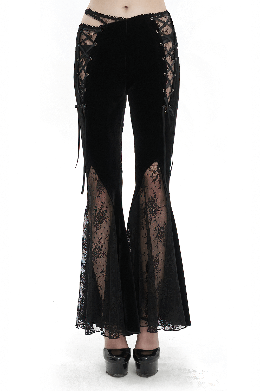 Elegant black velvet flared pants with gothic lace-up detailing, perfect for a stylish and luxurious look.